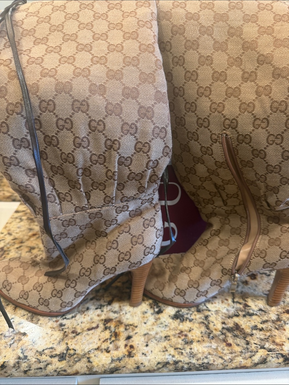 Gucci Beige Monogram Knee-High Boots with Leather Trim